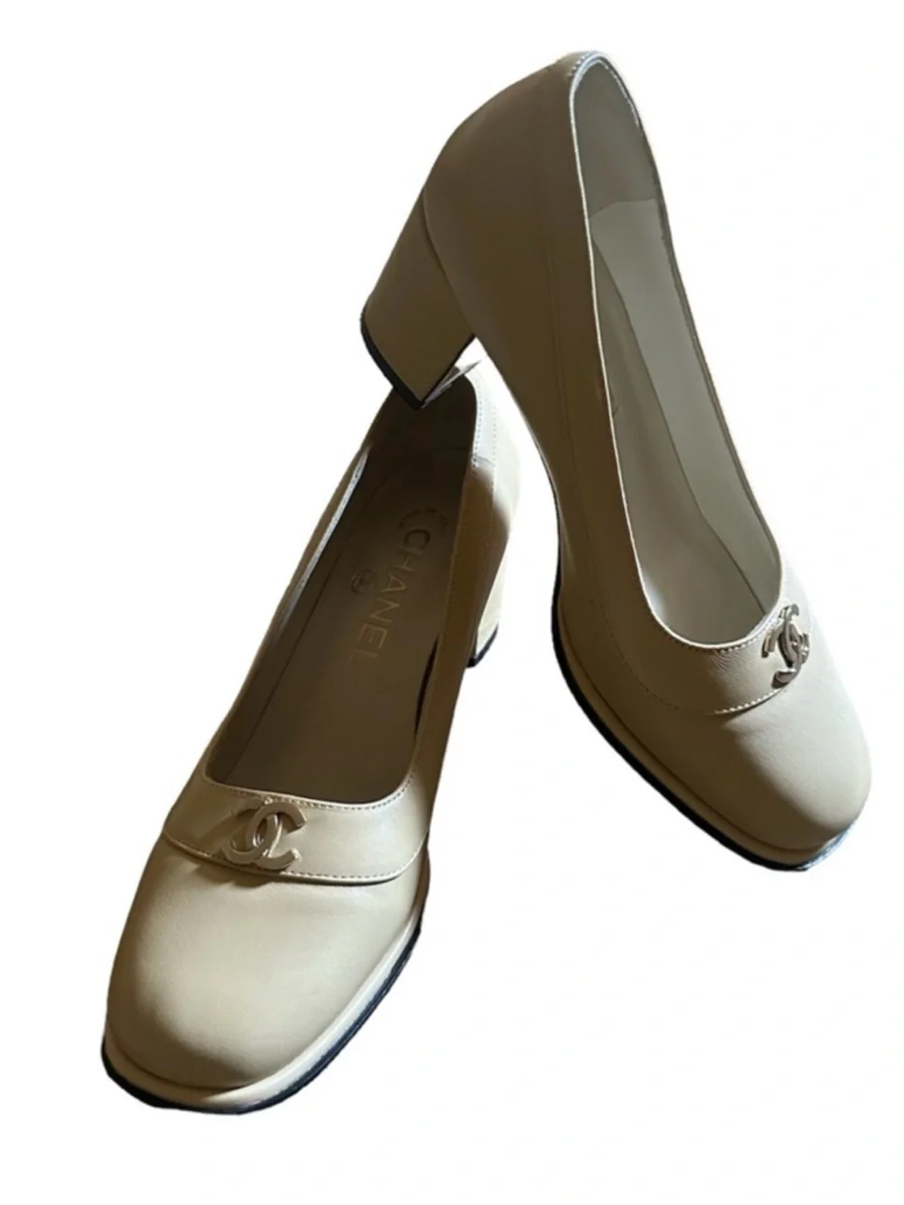 Chanel Beige Leather Low Block Heel Pumps - Picture 3 of 6